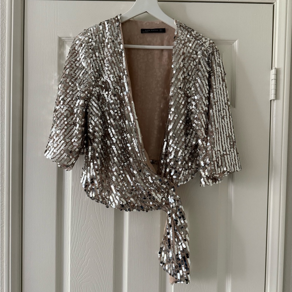 Silver Sequin Wrap Top
